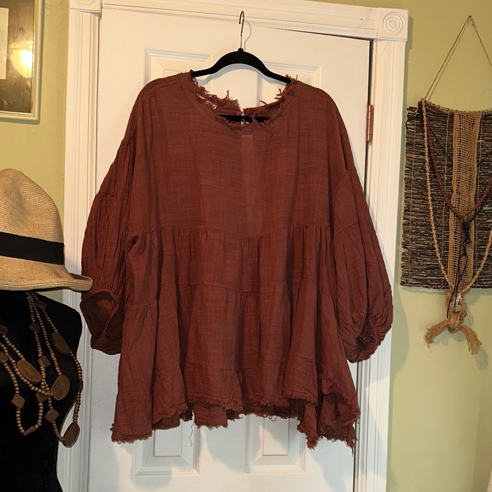 Diverse Rust Brown Frayed Hem Top XXL Made in Italy
